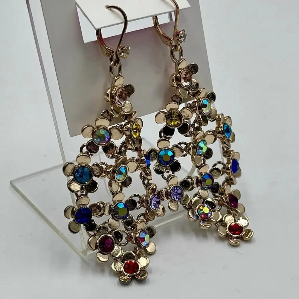 Betsey Johnson Gold Tone Love Fest Flower & Crystal Chandelier Drop Earrings New